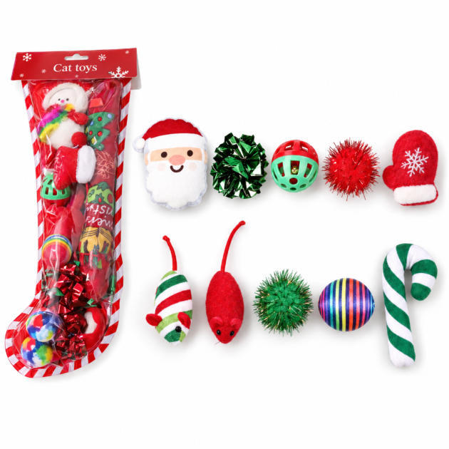 SQUIZZ – Christmas Cat Toys Sock – 10 Toys Gift Set