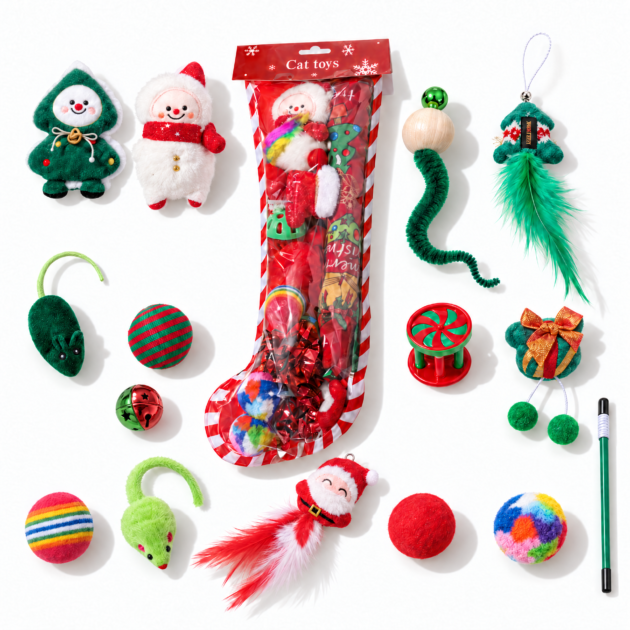 SQUIZZ – Christmas Cat Toys Sock – 15 Toys Gift Set
